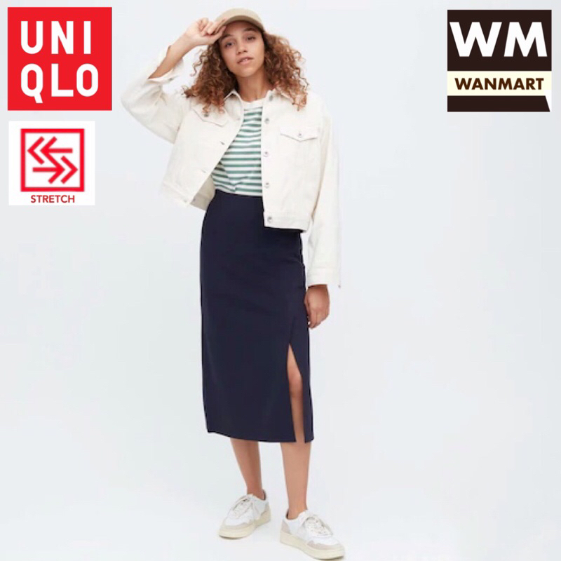 UNIQLO Women Slit Skirt Rok Wanita Belahan Stretch Double Face Navy