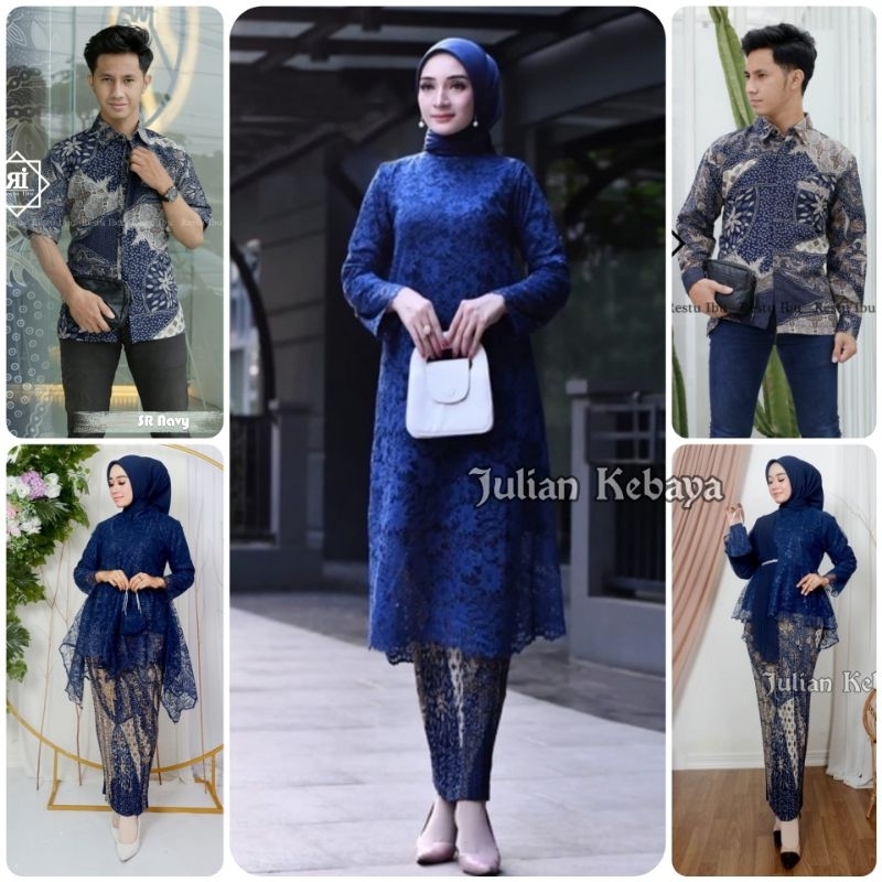 Couple Kebaya Brukat Navy / Set Kebaya Couple Baju Batik Pria Wisuda Lamaran Jumbo Modern
