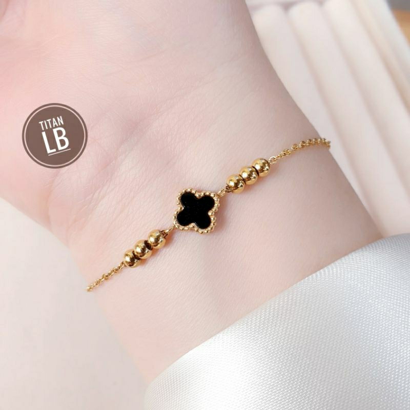 Gelang Tangan Rantai Wanita Titanium Gold Mata Hitam Biji Lada Fashion N16032306