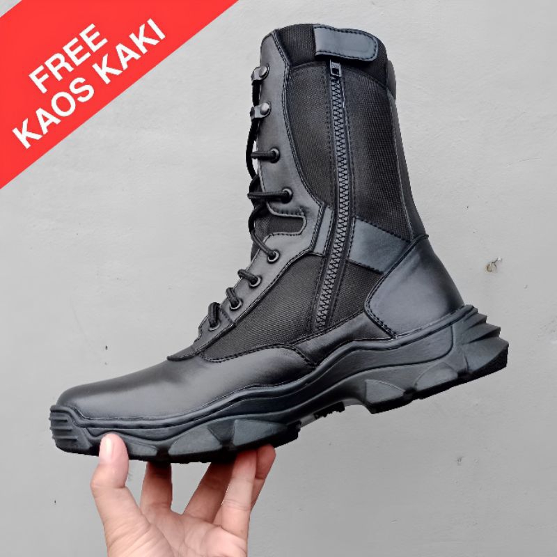 SEPATU PDL KULIT TNI POLRI SEKURITY HIKING TOURING BAHAN KULIT DAN KORDURA ANTI AIR PAKAI RESLETING SUDAH DI SOL MERK BROTRHER MARCO