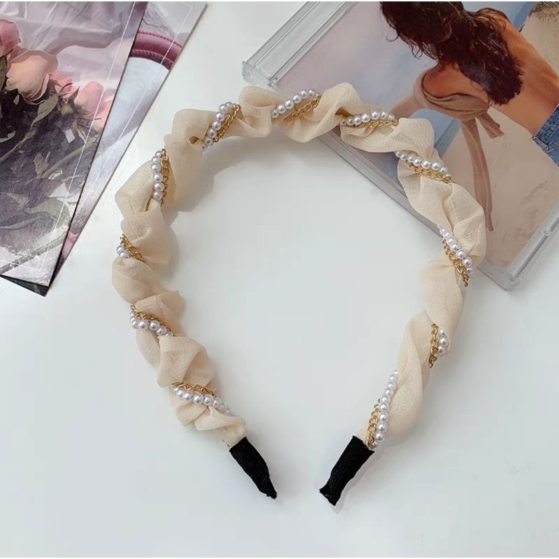 Bando Scrunchie Lilit Rantai Mutiara Bahan Sifon 2cm Korean Chiffon Pearl Headband Aksesoris Rambut Wanita Bando Korea Mutiara