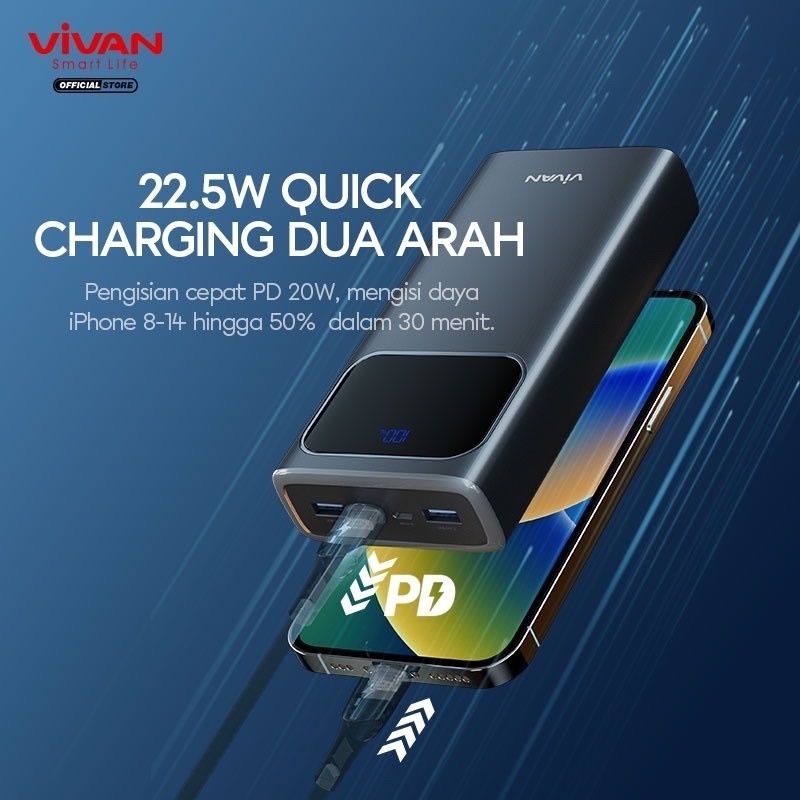 Vivan Power Bank VPB-C20 VPB C20 Powerbank 20000mAh 3 Output Fast Charging 22.5W PD QC 3.0 Support VOOC Garansi Original Resmi