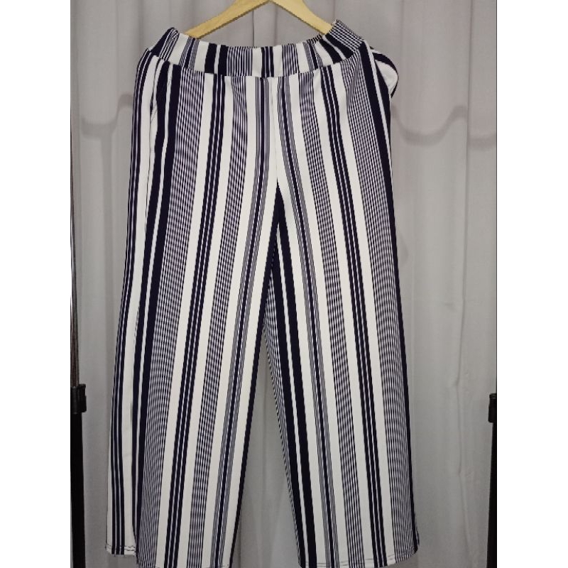 celana panjang wanita kulot tebal lembut garis putih navy scuba
