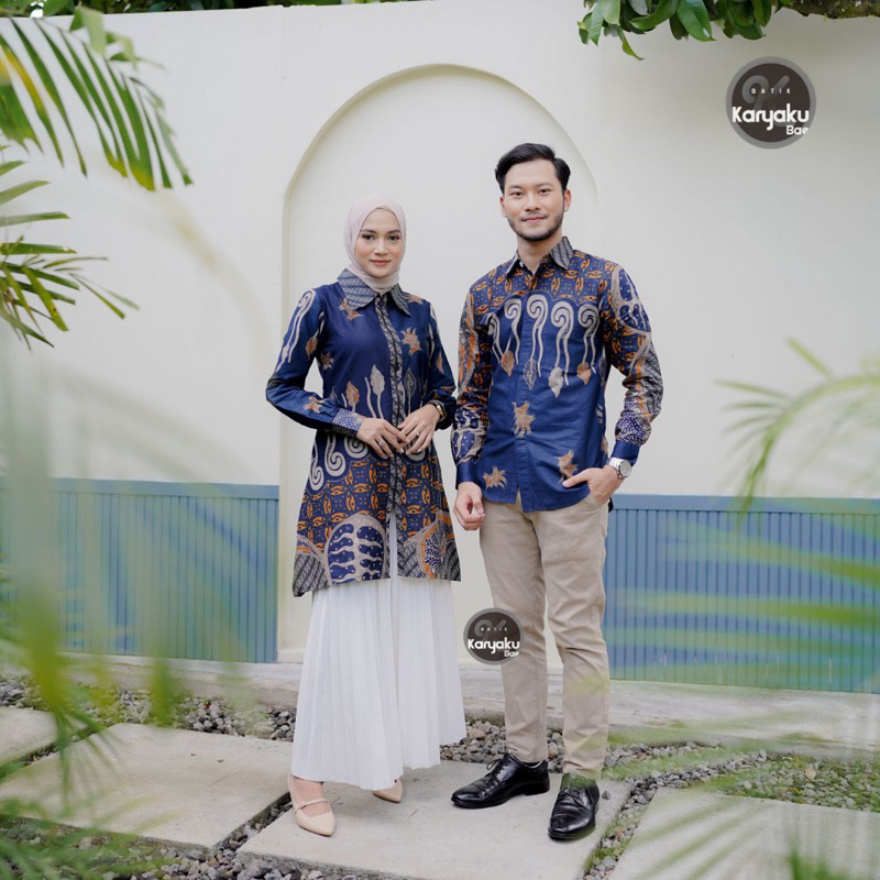 Atasan Tunik Batik Couple Kemeja Batik Pria Lengan Panjang - Motif Kris Navy