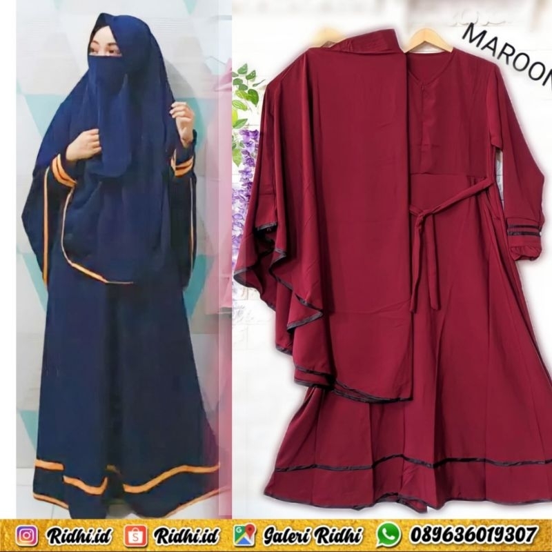 (Maroon) Set Setelan Gamis Syari List Pita baju Muslimah Syari Dewasa Khimar Jumbo Free Cadar Tali M