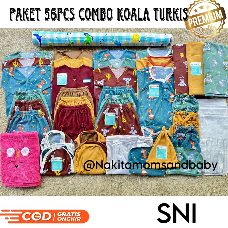 56pcs Paket Komplit Combo Koala Turkis Perlengkapan Baju dan celana Bayi  singlet bedong gurita popok handuk jumper  perlak Baru lahir, 3-6 dan 6-12 bulan  SNI promo 8.8