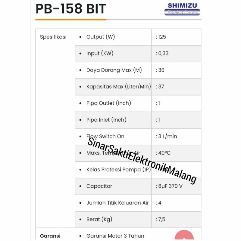 Mesin Pompa Air Booster Shimizu PB 158 Bit PB158 Pendorong 1 Rumah Otomatis Water Pump