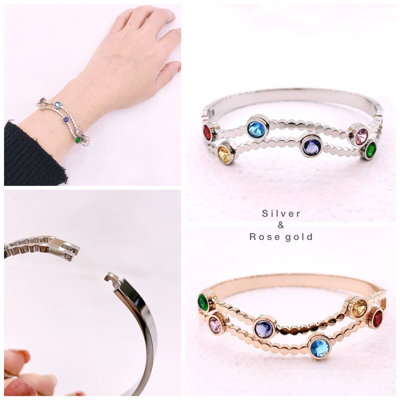 Gelang Tangan Wanita Ulir Mata Sircon warna warni titanium asli / Bangle Fashion Wanita import