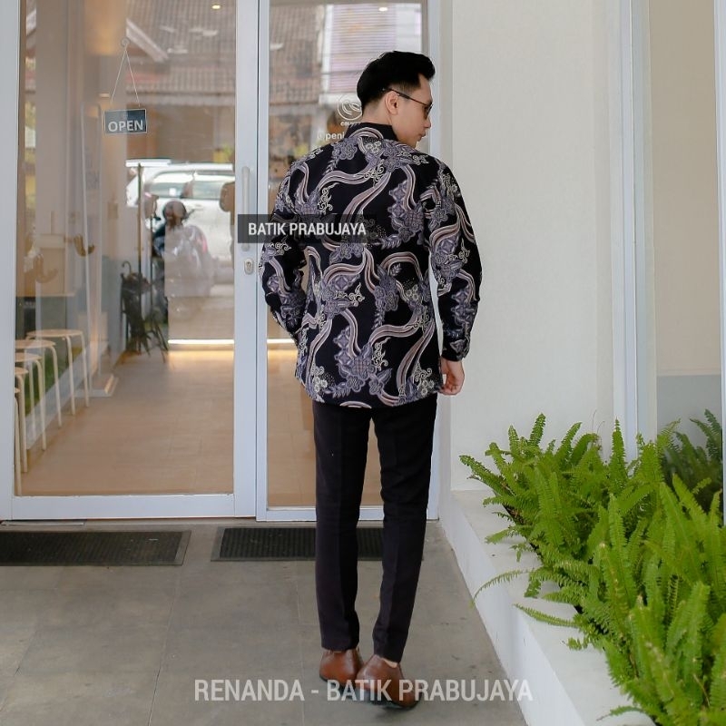 RENANDA Kemeja Batik Pria Modern Slimfit Premium Dewasa Lengan Panjang Full Furing - Baju Hem Batik Pria Slim fit Hitam Cowok Kondangan Pesta Kerja