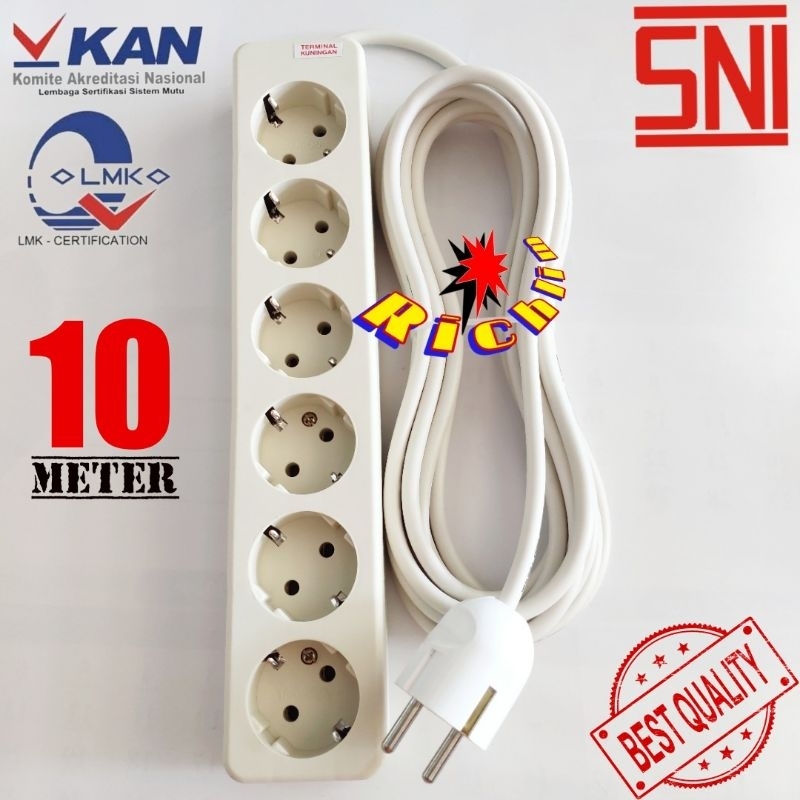 Stopkontak 6 Lubang Terminal Kuningan / Steker Arde Broco / Kabel 10 Meter / Stop Kontak Rakitan