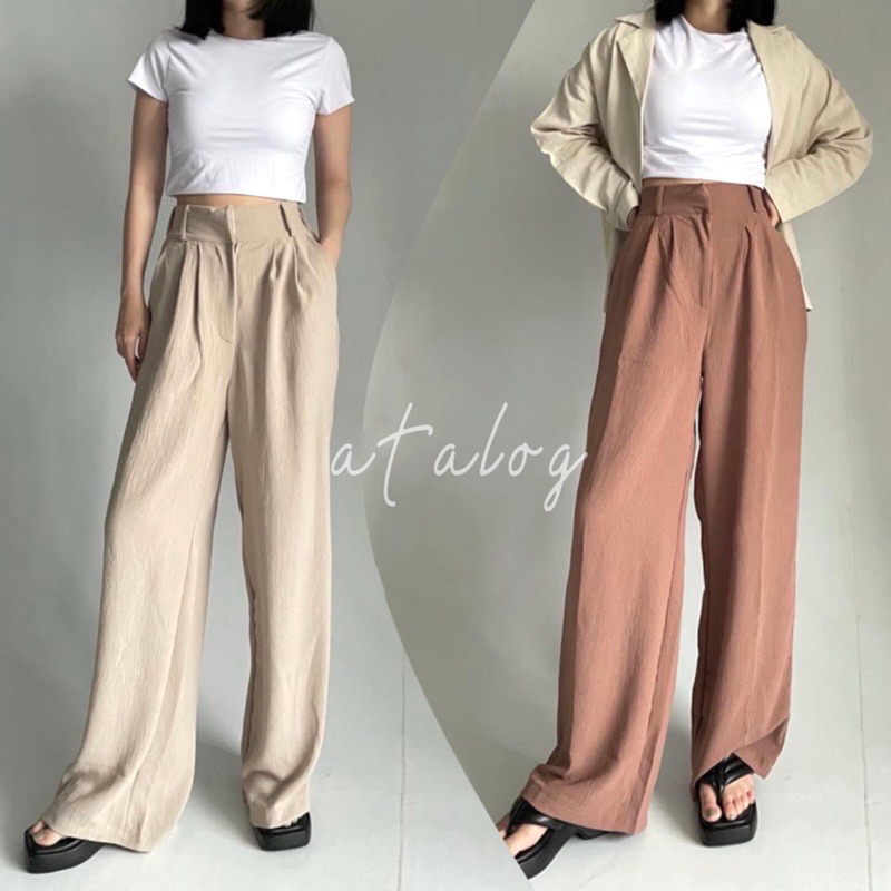 ATALOG - Celana Kulot Crinkle Highwaist Wanita Loose Cullote Pants | Celana Kulot Panjang