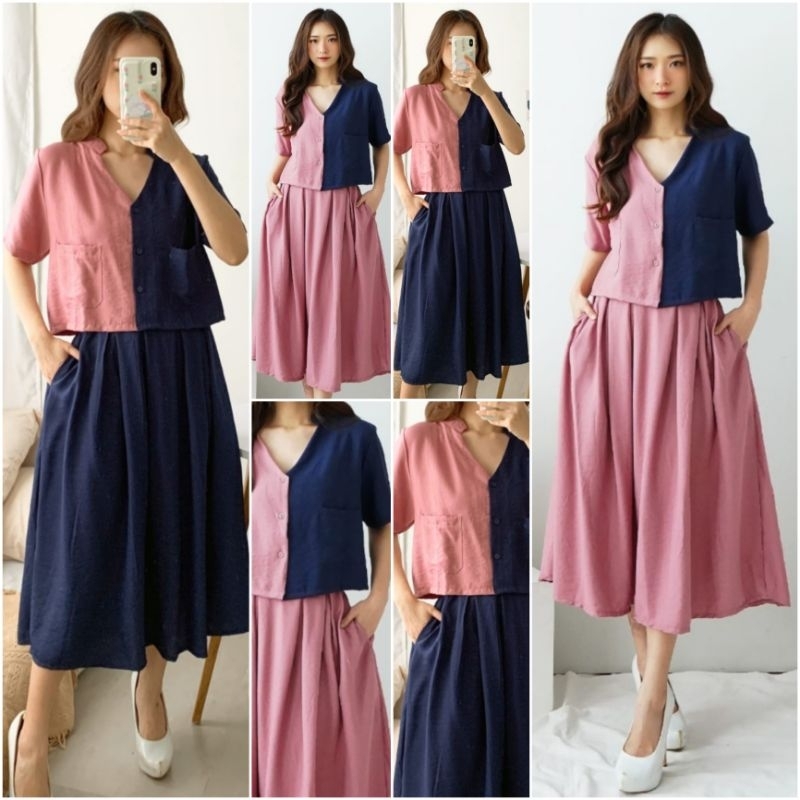 ♡ PREMIUM ♡ REAL PIC ! CLAUDINE TWO TONE 2 IN 1 SET BUTTON BLOUSE WITH MIDI SKIRT / SETELAN ATASAN &amp; ROK SELUTUT