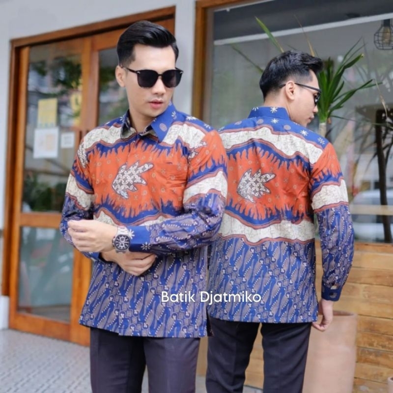 Kemeja Batik Abstrak Biru Oranye Hem Batik Lengan Panjang Pendek Jumbo Regular