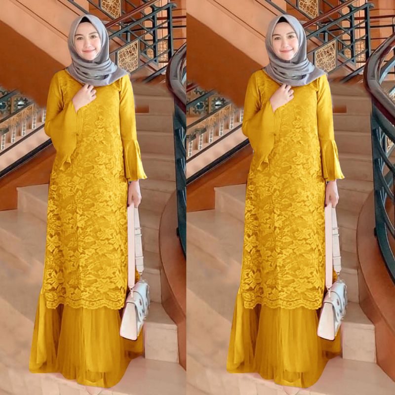 Baju Gamis Dress Brukat Brokat Pesta Kondangan Muslim PELNO Ukuran S M L XL XXL JUMBO Warna KUNING Y