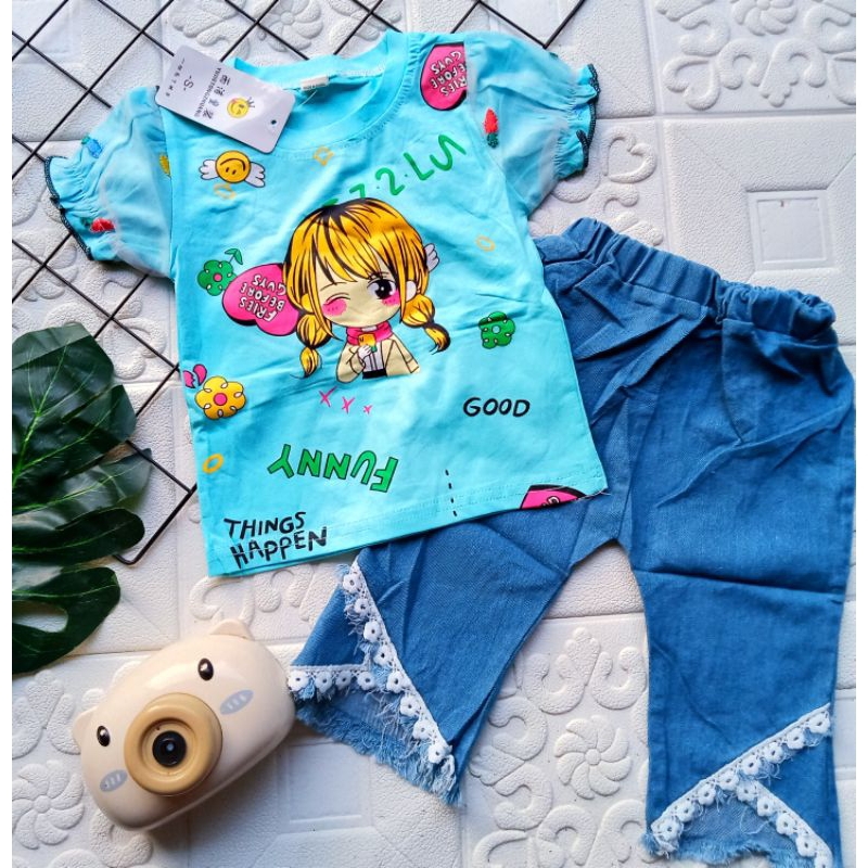 [1-5 TAHUN] SETELAN ANAK PEREMPUAN CELANA JEANS PANJANG CUTBRAY IMPORT+KAOS LUCU BAHAN KATUN COTTON BUNGA PITA 1 2 3 4 5 TAHUN