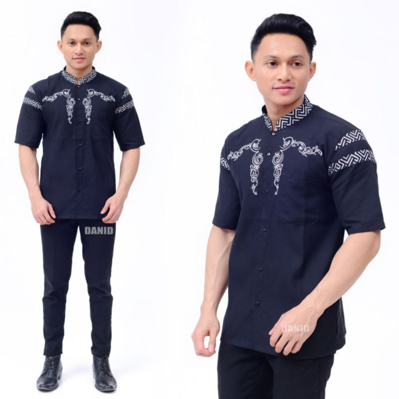BAJU KOKO KURTA KOMBINASI BORDIR BATIK FASHION PRIA DEWASA LENGAN PENDEK