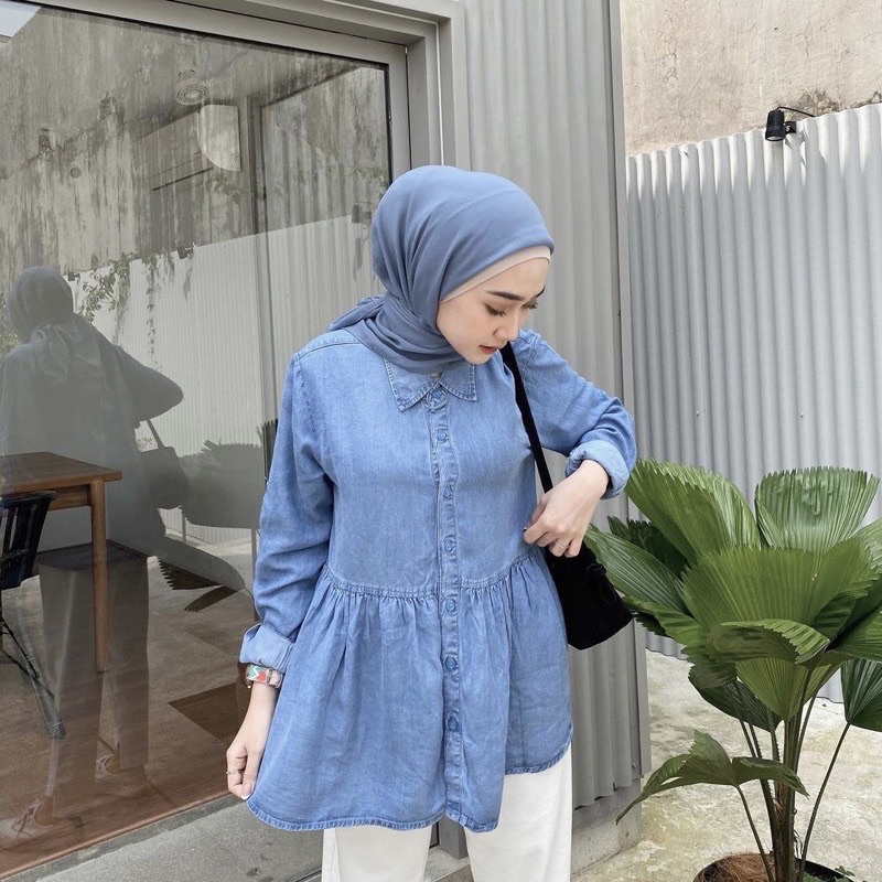 Tamstore Tunik Jeans Atasan Wanita Denim Oversize Full Kancing Keenan