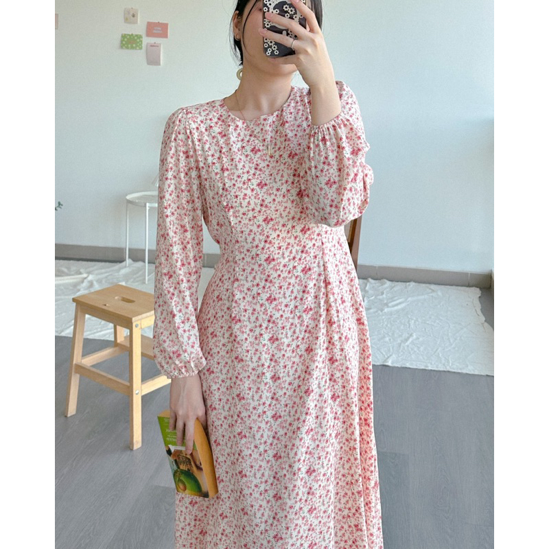 KANON - Hanami Floral Dress - Dress midi pantai/musim panas vintage motif bunga korean look