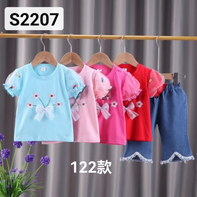 1-4 Tahun setelan Jeans Anak termurah Set Kaos Ruffle dan Celana Jeans Import Setelan anak perempuan Import