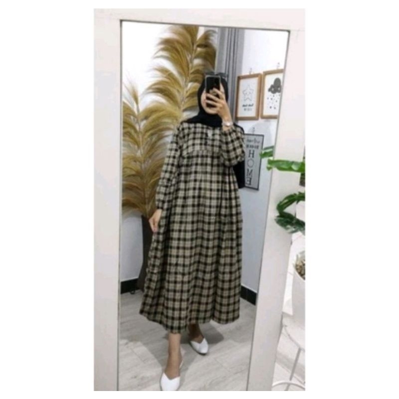 MIDI DRESS MOTIF KOTAK BAHAN RAYON PREMIUM/ MIDI DRESS JUMBO/ MIDI DRESS