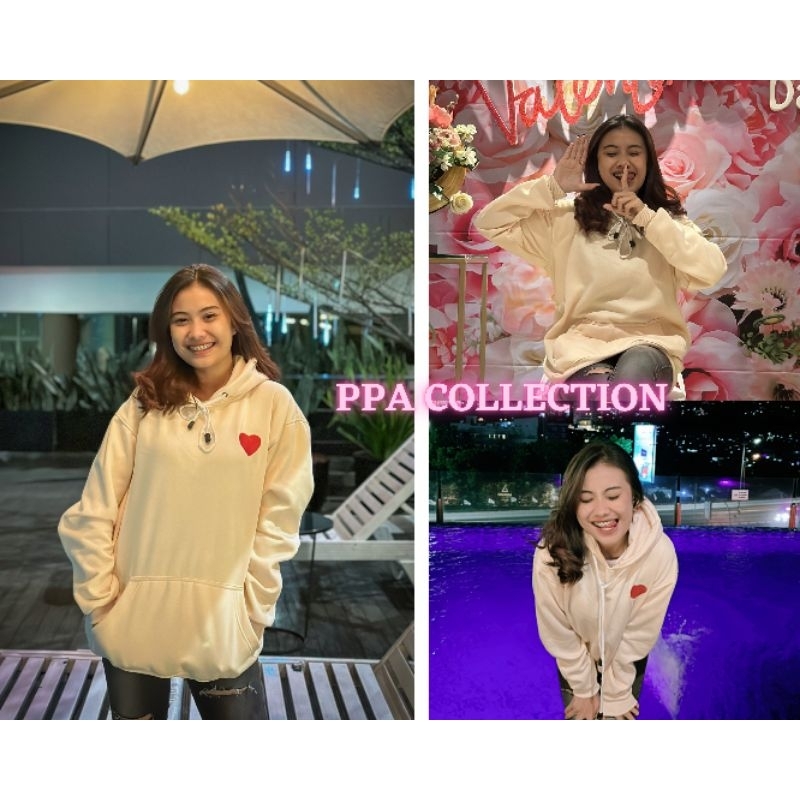 Hoodie premium allsize warna krem motif love