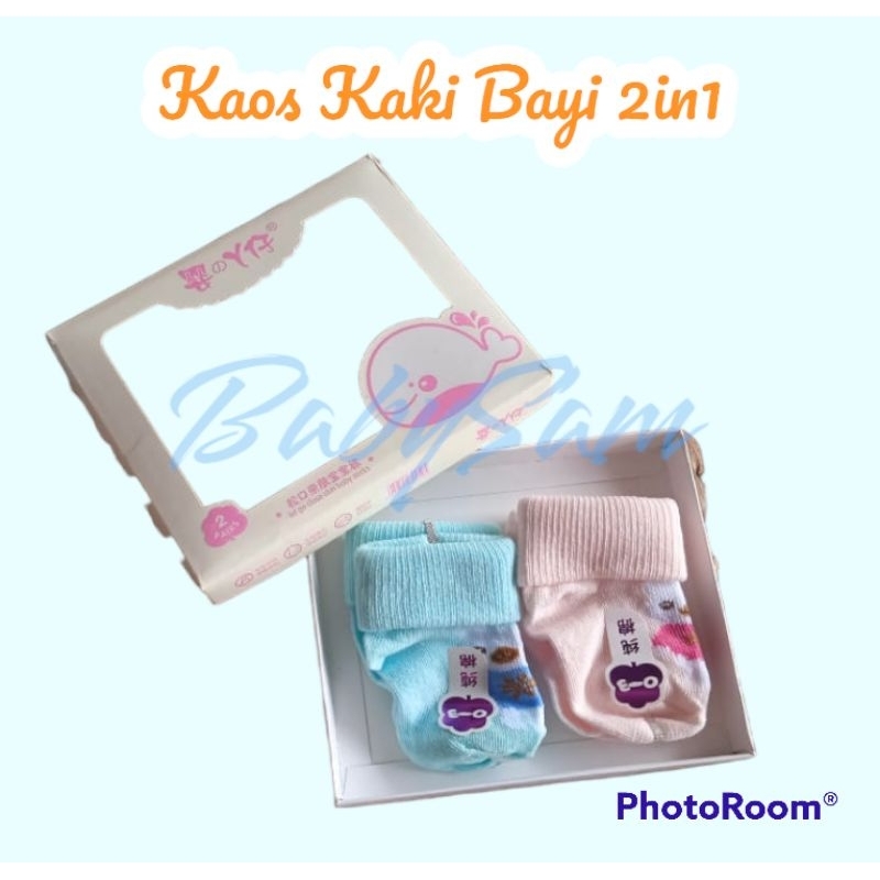 Kaos Kaki Bayi 2 in 1 Import 0-3 Bulan Kemasan Box || Kaos Kaki Korea Newborn 2in1