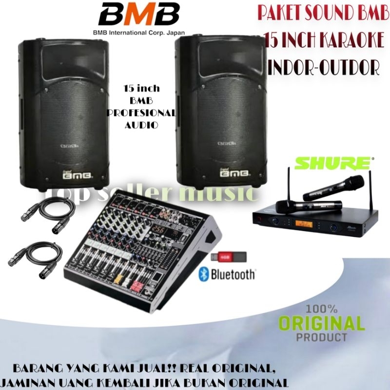 PAKET SOUND BMB 15 INCH KARAOKE, AKUSTIK, CAFE,RESTORAN, & POWER MIXER 2 MIC WIRELESS