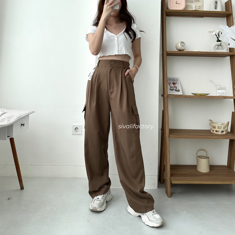 SIVALI Zoya Cargo Pants - Highwaist Loose Cargo - Celana Kargo Wanita - Baggy Pants