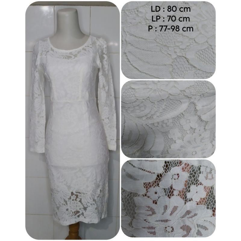 Midi Dress Putih Brukat Lengan Panjang | Satin Bunga