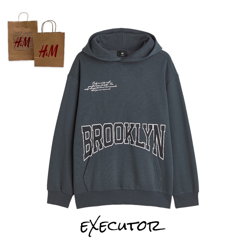 ( 8.8 ) Hoodie H&amp;M Unisex Sablon Brooklyn Unity Spruce Blue, Flecee Katun Lembut Tebal, Free Papperbag