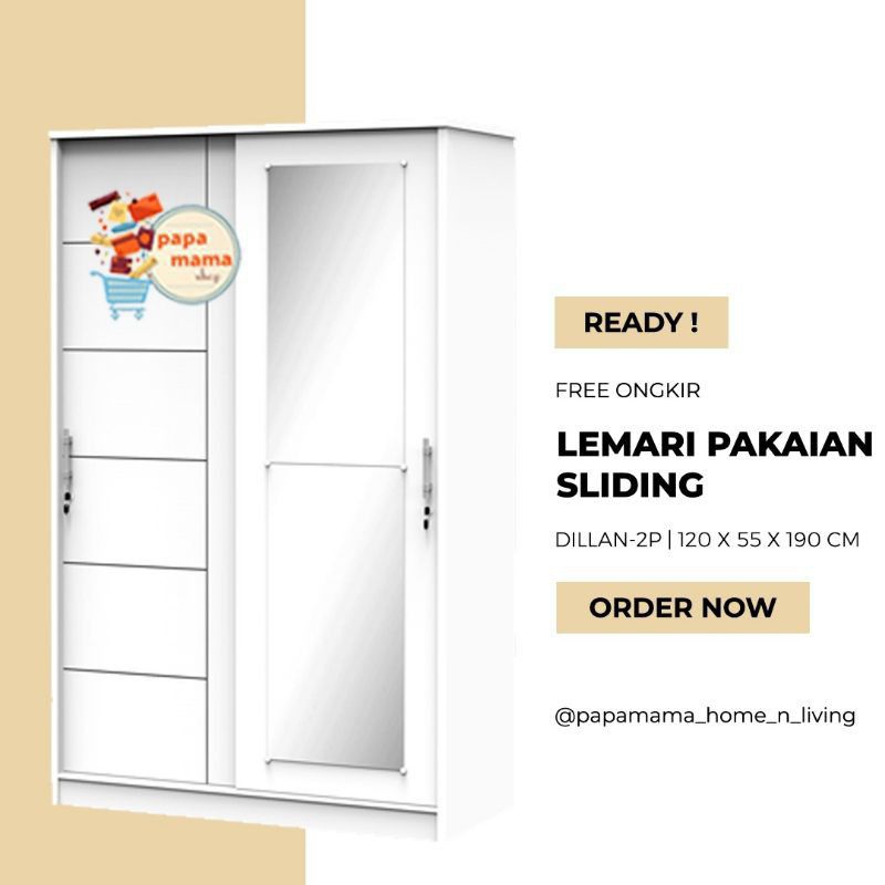 Lemari Pakaian Sliding Putih 2 Pintu - Lemari Baju Pintu Sorong - Lemari Pakaian 2p Dillan - Medan