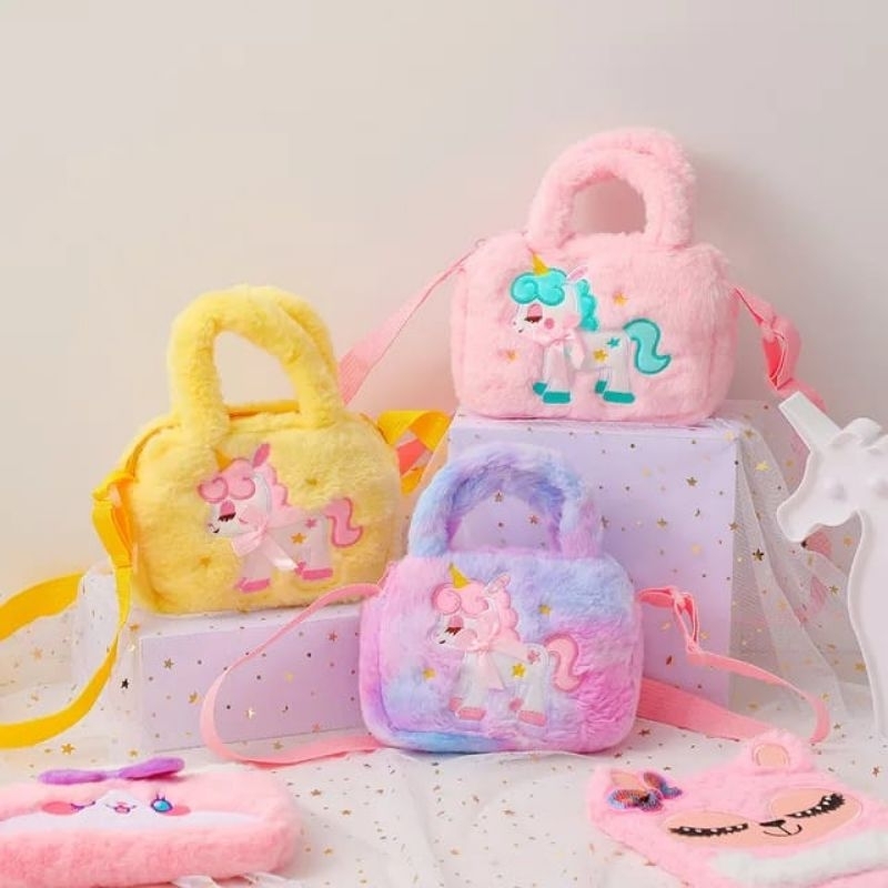 tas fashion bulu unicorn kuda pony selempang/01 hangbags &amp; selempang resleting UK 21 x 15cm import tas anak perempuan