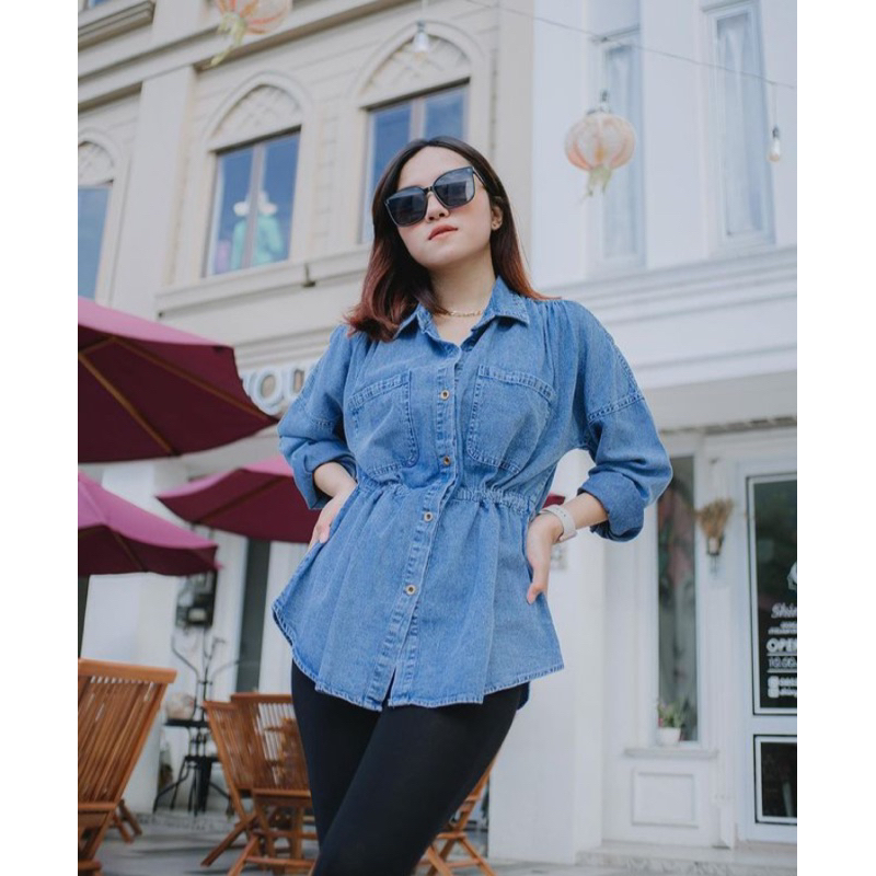 Tamstore Kemeja Oversize Wanita Jeans Atasan Kemeja Denim Lengan Panjang Ootd Kekinian