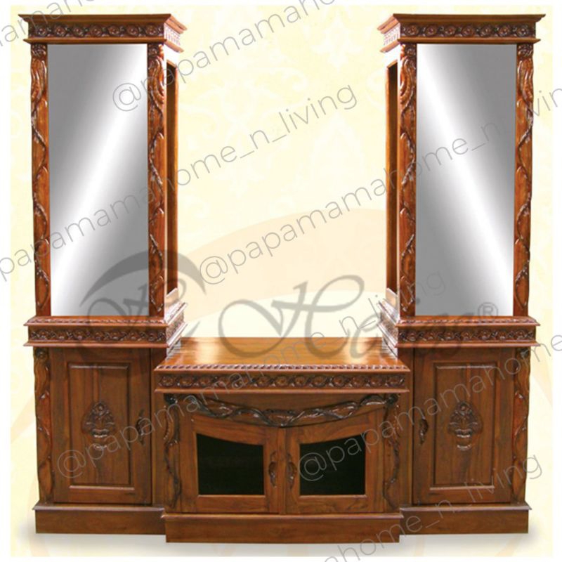 Buffet TV Jepara Kayu Jati Asli - Lemari Hias Pintu Kaca Tipe Selendang - Medan