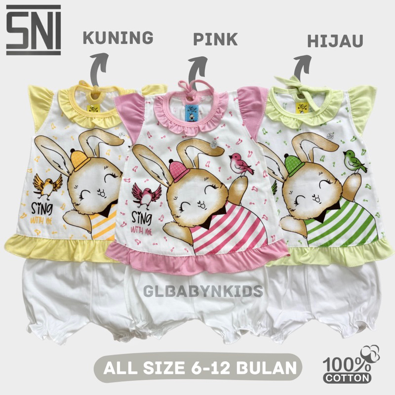 Setelan Pendek Anak Bayi Perempuan All Size 6 Bulan - 1 Tahun Sablon Rabbit Katun SNI