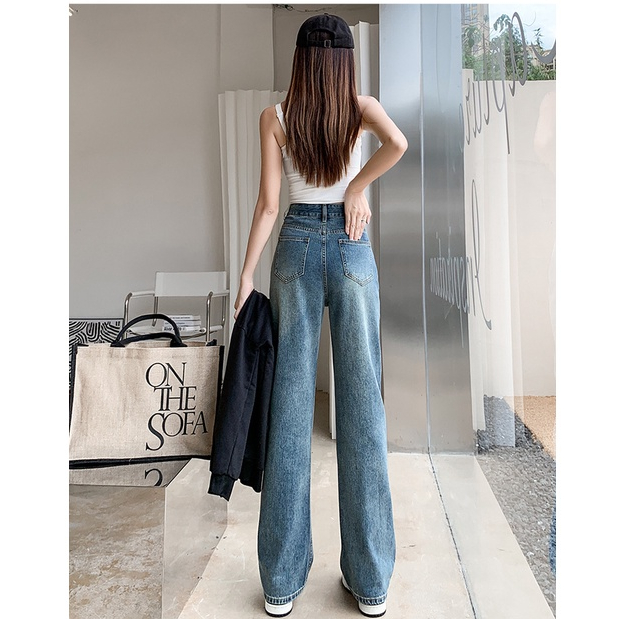 Biru retro Highwaist Straight Loose Celana Jeans Wanita Fashionable (realpict)