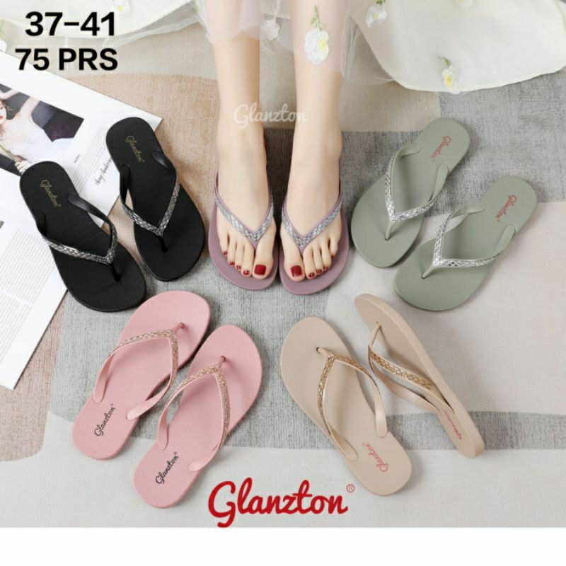 L1870-48 Sandal Glanzton Jepit Tali Diamond Karet Jelly Wanita Import Glanston L1870 Glaston 1870 Tali Blink Gliter Glitter Manik Chrome Sendal Japit Flat Cewek Perempuan Cantik Impor Terbaru Murah 37-41 Viral Cantik Kekinian