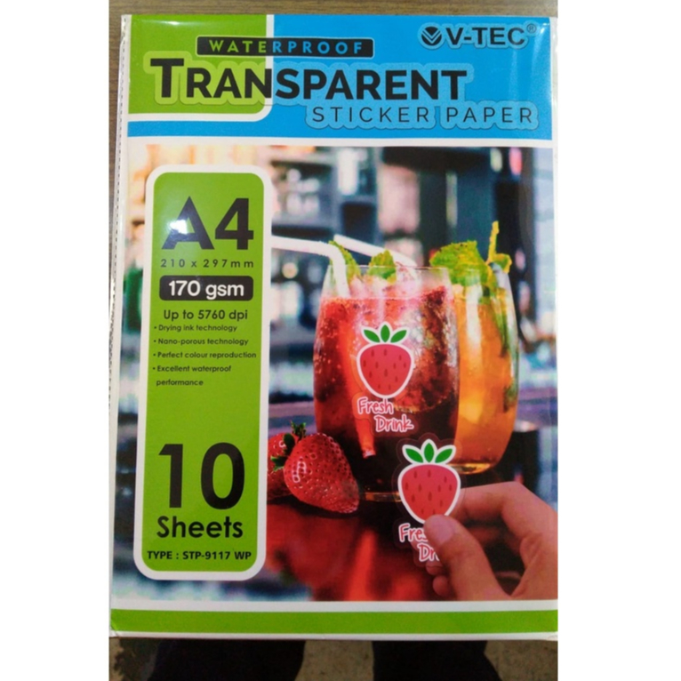 

Kertas Sticker / Stiker Vinyl Transparan A4 merk V-tec, 1 pack isi 10 lembar