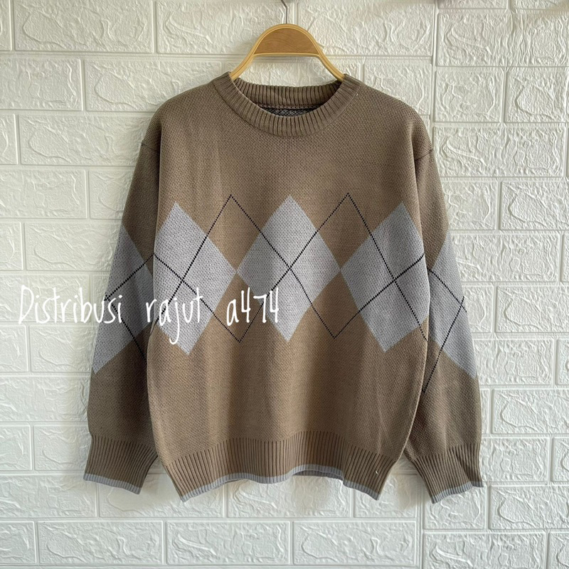 TERIZLA SWEATER RAJUT MOTIF BELAH KETUPAT ATASAN LENGAN PANJANG