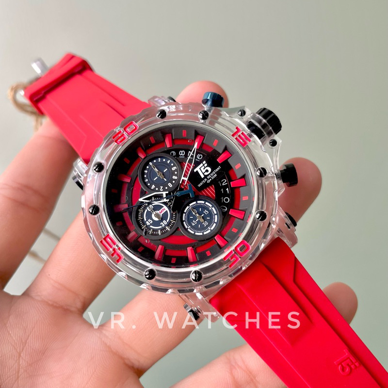 NEW ARRIVAL Jam Tangan Pria T5 H 4004G Original Acryclic Case Transparan Chronograph Water Resistant