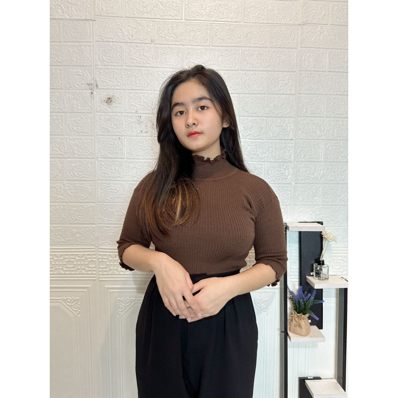Atasan Rajut Wanita Turtleneck Kriwil - Inner Kerah Tinggi Lengan 3/4 - Rajut Turtleneck Kriwil Full Neci