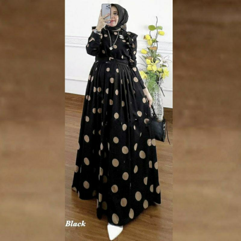 Gamis Wanita Kekinian Polkadot Terbaru Busui Viral Lengan Panjang Bahan Rayon Premium