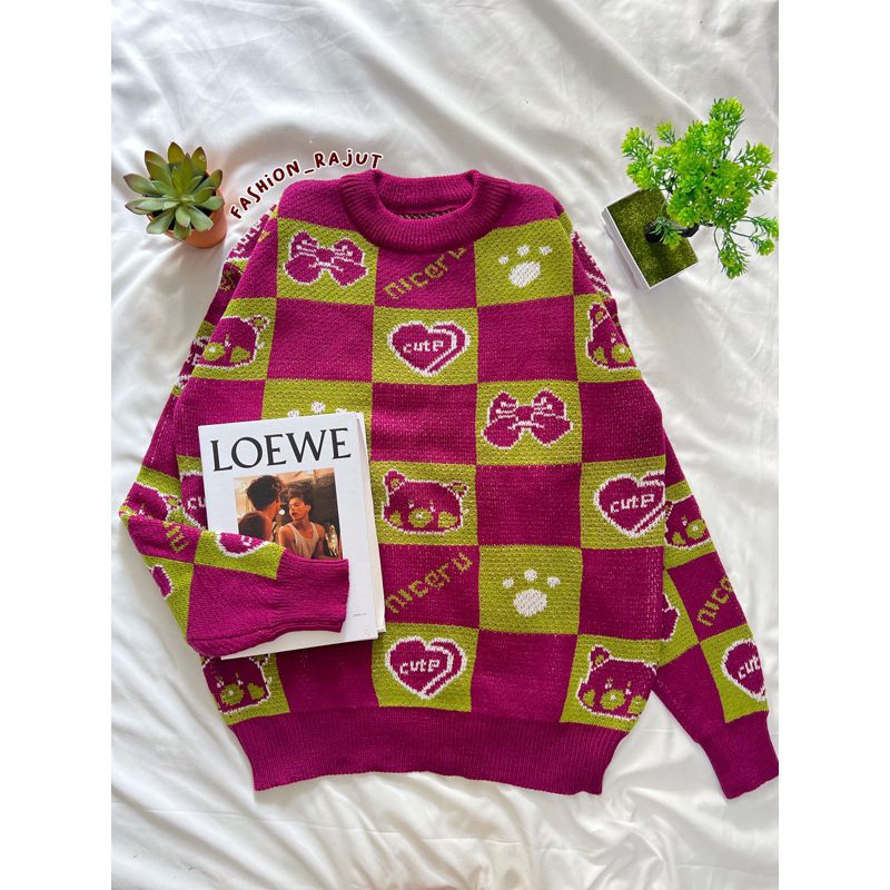 DIANA OVERSIZE SWEATER RAJUT MOTIF BEAR LOVE PREMIUM