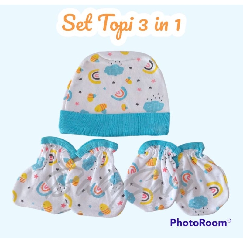 Set Topi 3in1 || Topi dan Sarung tangan dan kaki Mamimu Premium Quality || Kupluk Bayi Set Sarung Tangan dan Kaki