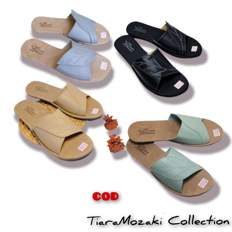 Sandal Kulit Wanita Papirut Sendal Slop Slide Flat Nonslip Motif Daun