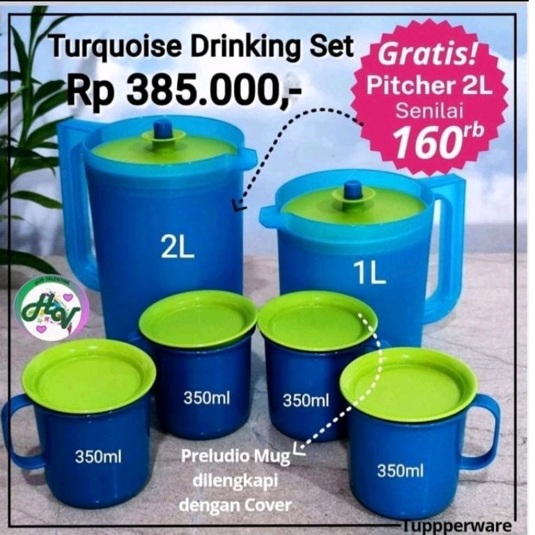 

Tuperware 6pcs Turquoise Drinking Set Pitcher Mug Gelas
