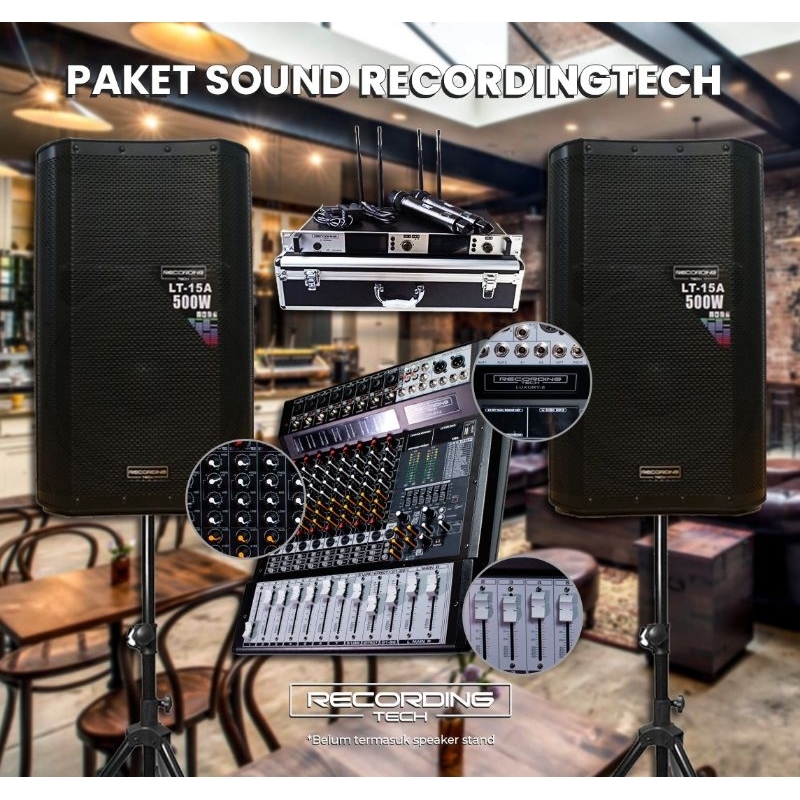 Paket Komplit Speaker Aktif Recording Tech LT 15A + Mixer Luxury 6 Plus Mic Wireless Prime 200