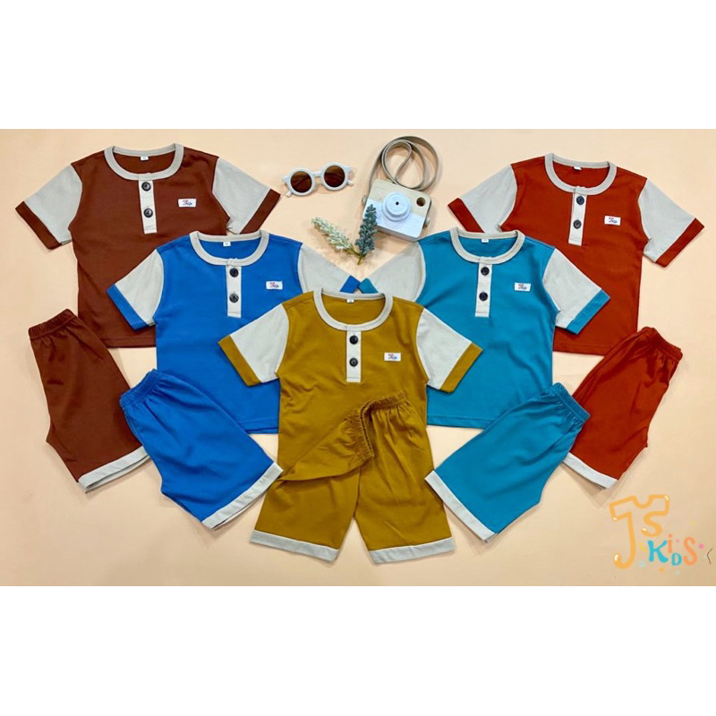 JISA Kids - NEW Baju Anak/ Setelan Anak Kiano Set Warna Kombinasi Celana Pendek Baju Pendek