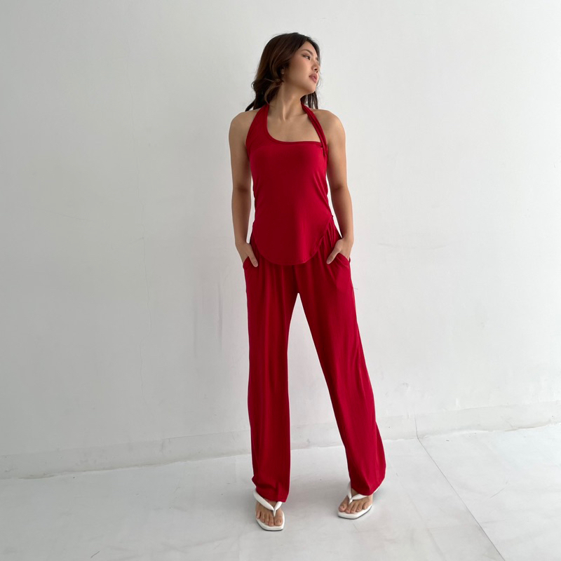 RIO SET | Setelan Wanita Assymetric Ribbed Knit Set Tanktop Assymetric Celana Panjang Highwaist Highwaisted Pants Aesthetic Rib Set Summer