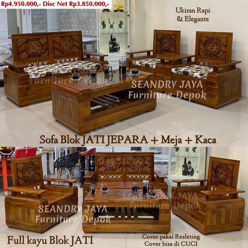 SOFA BLOK KAYU UKIR JATI JEPARA 211+Meja Tamu+Kaca/Awet/Kokoh/Ruang kecil/minimalis/SEANDRY JAYA Fur